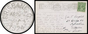 ONE PENNY GREEN: 1d green tied to PPC to London by Brisbane slogan cancel of APR25/1924 (ANZAC Day). The earlier of two covers with usages earlier than the official First Day of Issue on 1.5.1924.
