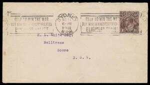 PENNY-HALFPENNY BLACK-BROWN: 1&frac12;d tied to cover to HL White by Sydney '.../ELIGIBLES ENLIST' slogan cancel of NO11/1918 (Armistice Day) being three days prior to the official issue of this stamp in NSW. [The official First Day of Issue was 9.11.1918, in Me