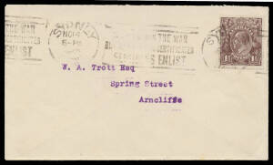 PENNY-HALFPENNY BLACK-BROWN: a similar cover with Fred Hagen's cachet on the reverse, with Sydney slogan cancel of NO14/1918, being the official First Day of Issue in Sydney.
