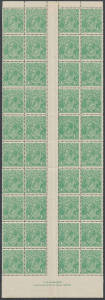 PENNY-HALFPENNY GREEN: Electro 12 complete gutter block of 40 (4x10, folded for display) with White Flaw on 'R' of 'AUSTRALIA' BW #86(12)m & TS Harrison Imprint, most units are unmounted, Cat $1500++.