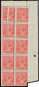 PENNY-HALFPENNY RED: Corner block of 10 (2x5) from the upper-right of the sheet with Misplaced Perforations apparently caused by the Pre-Printing Paper Fold at upper-left opening-out during the perforating process, significant perf separation/rejoining. A
