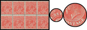 PENNY-HALFPENNY RED: Electro 15 block of 8 [R37-40/43-46] with White Flaws on 'ST' of 'AUSTRALIA' [39] & Longer Moustache plus Cracked Electro through 'E' of 'POSTAGE' [40] BW #89(15)ha & ia, minor toning, Cat $1800+.