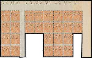 TWO PENCE ORANGE: A very irregular punctured 'OS' block of 26 from the top of the sheet with Double Perforations affecting the second & third rows (10 units), some perf separation, unmounted, Cat $6000++. A very rare & technically interesting multiple.