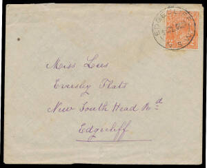 TWO PENCE ORANGE: 2d orange tied to local cover by 'EDGECLIFF/2OC20/-NSW-' cds, repaired tears at base & across ther flap, some toning mostly on the reverse. Believed to be the earliest recorded usage on cover. [The ACSC states "The date of issue has prev