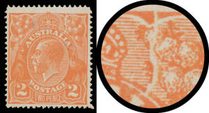 TWO PENCE ORANGE: Unlocated Constant Varieties: Cracked Electro from Top Frame to 'L' of 'AUSTRALIA' BW #95(U)o, a couple of tiny blue marks on the face but apparently unused, Cat $500 used & unpriced mint.