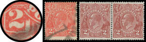 TWO PENCE SCARLET: Electro 16 Large White Flaw in Left-Hand Value Tablet (Vertical Plank Flaw) BW #96(16)f, parcel cancel partly obstructs the variety, Cat $3500; and the same variety in 2d brown mint pair #97(16)f, Cat $200+. [The ACSC states "...extreme