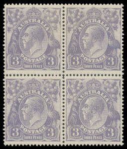 THREE PENCE DULL BLUE DIE I: Dry Ink BW #104c block of 4, lightly mounted, Cat $500+. Michael Drury Certificate (2004).