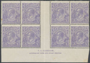 THREE PENCE DULL BLUE DIE I: Plate 1 & Plate 2 TS Harrison Imprint blocks of 8 (4x2) BW #104z & za, the Plate 2 block with a few tonespots, both with the lower units unmounted, Cat $1200+ (mounted)