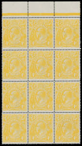 FOUR PENCE ORANGE: 4d lemon-yellow BW #110C marginal block of 12 (3x4), well centred, very fine to superb unmounted, Cat $10,080. A very rare & desirable multiple.