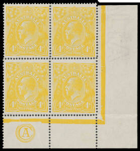 FOUR PENCE ORANGE: Plate 1 lemon-yellow 'CA' Monogram block of 4 BW #110C(1)zb, a faint bend affects the monogram unit, the lower units are unmounted, Cat $2300++ as normal singles. A very rare & desirable block. Michael Drury Certificate (2015) as "lime-