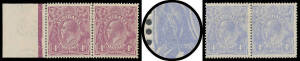 FOUR PENCE VIOLET: Plate 1 4d violet & 4d blue horizontal pairs both [R31-32] with Cracked Electro through Kangaroo BW #111(1)e & 112(1)e, Cat $600+.
