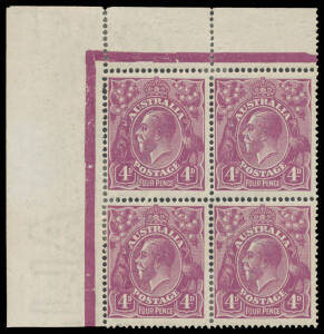 FOUR PENCE VIOLET: Plate 2 upper-left corner block of 4 [L1-2/7-8] with Left Frame Broken at Top [7] & Thin 'FOUR PENCE' [8] BW #111(2)d & ea, well centred, some perf separation & rejoining/reinforcing, Cat $800+. An attractive positional piece.