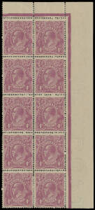 FOUR PENCE VIOLET: Plate 2 upper-right corner block of 10 (2x5) [R5-6/29-30] with Arrow in Roo's Eye [11], Thin 'FOUR PENCE' [12], Horned Emu [17], White Scratch behind Emu [29] & 'PE' of 'PENCE' Joined [30] BW #111(2)q ra t v & va, well centred, some per