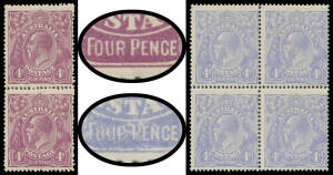 FOUR PENCE VIOLET: Plate 2 vertical pair [R6/12] & 4d blue block of 4 [R5-6/11-12] both with Thin 'FOUR PENCE' Early State (violet) or Advanced Deteriorated State (blue) BW #111(2)ra & 112(2)rb, Cat $1800+.