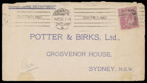 FOUR PENCE VIOLET: Plate 2 Thin 'FOUR PENCE' Retouch BW #111(2)ra tied to commercial cover to Sydney by Brisbane machine cancel largely clear of the variety, Cat $400 as a used stamp. [Even as a normal stamp this is a very scarce franking, paying 2d lette