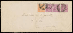 FOUR PENCE VIOLET: 4d single & pair + 2d orange tied to commercial cover to Queensland by 'SHIP MAIL ROOM/22OC21/ MELBOURNE', opened-out. Cat $450+ for just a single on cover. [The rate was 2d x7 for a letter weighing between 3 & 3&frac12;oz]