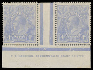 FOUR PENCE BLUE COOKE PLATES Plate 1 TS Harrison One-Line Imprint pair BW #112(1)z, the left-hand unit has been separated & rejoined, Cat $15,000 for a block of 4.