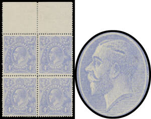 FOUR PENCE BLUE HARRISON PLATES: Plate 3 ultramarine Watermark Inverted marginal block of 4 [R3-4/9-10] from the top of the sheet, [10] with unlisted Gashed Head variety, well centred, unmounted, Cat $1000++.