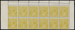 FOUR PENCE OLIVE: Greenish olive BW #114B marginal block of 12 (6x2) from the top of the left-hand pane with Aberrant Perfs in the Upper Margin, unmounted, Cat $1500++.