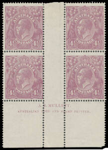 FOUR PENCE HALFPENNY VIOLET: AJ Mullett Imprint block of 4 with Break in Lower Left-Hand Frame BW #118zd, the lower units are unmounted, Cat $475 (mounted). [The ACSC lists the varieties on imprint blocks as "u" & "ua"; that should be "ve" & "vf"]
