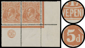 FIVE PENCE CHESTNUT - SINGLE-LINE PERF: 'JBC' Monogram pair with Flaws on 'P' of 'PENCE' & '5' at Left BW #122zg, well centred, unmounted, Cat $1000 (mounted).