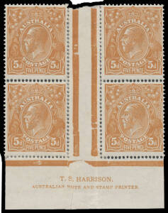 FIVE PENCE CHESTNUT - COMB PERF: TS Harrison (Complete) Two-Line Imprint block of 4 BW #123zf, reconstructed from the two vertical pairs having separated along the gutter & with a tear through the imprint at left, Cat $7500. An attractive "spacefiller" fo