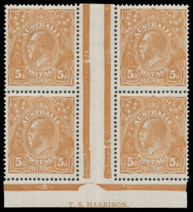 FIVE PENCE CHESTNUT - COMB PERF: TS Harrison Two-Line Imprint block of 4 BW #123zf with the second-line guillotined-off (as usual), well centred, three units are unmounted, Cat $2500. [The ACSC states: "Price quoted - [$7500] - is for a full imprint. Most