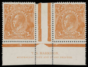 FIVE PENCE CHESTNUT - COMB PERF: TS Harrison (Complete) Two-Line Imprint pair BW #123zf, well centred, very lightly mounted, Cat $7500 for a block of 4.