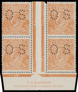 FIVE PENCE CHESTNUT - COMB PERF: Punctured 'OS' TS Harrison (Complete) Two-Line Imprint block of 4 BW #123bzf, well centred, mounted in the margins only, Cat $7500++ (mounted). A very rare imprint block & a wonderful item for the collector of Official Per