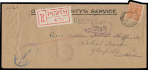 FIVE PENCE CHESTNUT - ROUGH PAPER: Punctured 'OS' (as always) BW #124 - a couple of minor defects from having been affixed partly off the envelope - tied to 1923 OHMS cover by Perth cds, large red/white registration label, 'WILLIAMS' arrival cds, Cat $150