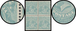 ONE SHILLING & FOURPENCE GREENISH BLUE: Block of 4 [R25-26/31-32] with Colour Flaw in Right-Hand Wattles BW #128L & the second unit with unlisted Feather on 'A' of 'POSTAGE', lightly to very lightly mounted, Cat $1100+. A scarce multiple. [The variety on 