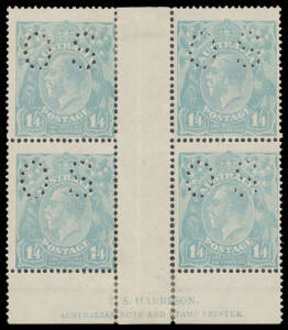 ONE SHILLING & FOURPENCE GREENISH BLUE: Punctured 'OS' TS Harrison Two-Line Imprint block of 4 BW #128baz, poor centring, the lower units are unmounted, Cat $8500 (not punctured 'OS').