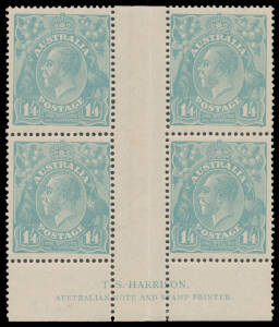 ONE SHILLING & FOURPENCE GREENISH BLUE: TS Harrison Two-Line Imprint block of 4 BW #128z, well centred, three units are unmounted, Cat $8500+ (mounted). Another very rare & desirable full-imprint block. [Most sheets were guillotined through the imprint, l