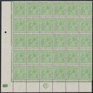 HALFPENNY GREEN: Electro 5 'CA' Monogram block of 30 (6x5) BW #65(5)z, the second unit with Bird's Dropping in King's Hair #65(5)g, well centred, unmounted, Cat $800++ (mounted).
