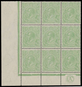 HALFPENNY GREEN: Electro 5 Watermark Inverted 'CA' Monogram block of 9 BW #65a(5)z, well centred, a trifle aged, unmounted, Cat $450++ as singles plus a large premium for the monogram.