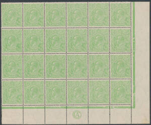 HALFPENNY GREEN: Electro 5 'CA' Substituted Monogram block of 24 (6x4) BW #65(5)zd, the second unit in the second row with Thin Fraction #65(5)m, well centred, a little aged, most units unmounted, Cat $800++ (mounted).