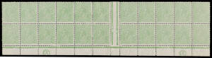 HALFPENNY GREEN: Electro 5 'CA - CA' Monogram (the left-hand 'CA' Substituted for 'JBC') block of 22 (11x2, missing the two right-hand units) BW #65(5)zf, extensive perf reinforcing, Cat $3000(-); also a partly-separated strip of 12 from the top of the sh