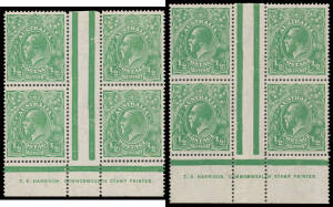 HALFPENNY GREEN: Electros 6 & 7 TS Harrison One-Line Imprint blocks of 4 BW #65(6)z & (7)z ('COMMQNWEALTH'), the lower units are unmounted, Cat $1300+ (mounted).
