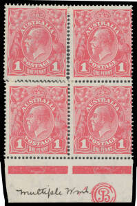 ONE PENNY RED COOKE PRINTINGS: Plate 4 1d carmine-pink 'JBC' Monogram block of 4 BW #73(4)zc with the first unit being an Official Substitution, stupid ink endorsement "Multiple Wmk" in the margin, unmounted, Cat $5500++ (mounted).