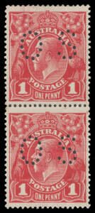 ONE PENNY RED HARRISON PRINTINGS: 1d deep carmine (aniline) G108 punctured 'OS' BW #74Eb vertical pair, well centred, the lower unit with two horizontal creases that are not apparent from the face, Cat $2500+. [The ACSC states "...Most examples of 74E are