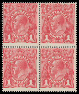 ONE PENNY RED HARRISON PRINTINGS: Plate 4 block of 4 [L1-2/7-8] with Secret Mark and Break in Top Frame to Left of Crown BW #74(4)d & e, Cat $650+.