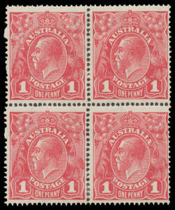 ONE PENNY RED HARRISON PRINTINGS: Plate 4 block of 4 [L25-26/31-32] with Wattle Line and Nick near Top of Left-Hand Frame BW #74(4)f & g, a couple of irregular perfs at left because of a missing perforating pin, Cat $650+.