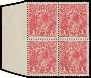 ONE PENNY RED HARRISON PRINTINGS: Plate 4 marginal block of 4 [L31-32/337-38] with Wattle Line (very early state), Nick near Top of Left-Hand Frame and Flaw below King's Neck BW #74(4)f g & h, unmounted, Cat $975+ (mounted).