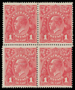 ONE PENNY RED HARRISON PRINTINGS: Plate 4 block of 4 [L53-54/59-60] with Ferns and 'RA' of 'AUSTRALIA' Joined BW #74(4)ia & j, Cat $650+.