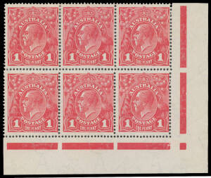 ONE PENNY RED HARRISON PRINTINGS: Plate 4 lower-right corner block of 6 [R52-54/58-60] with White Spot in Lower-Right Corner and Run 'N' (Third State) BW #74(4)s & vb, lightly mounted, Cat $650+.