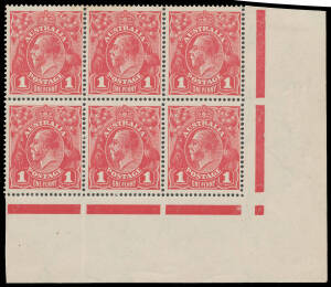 ONE PENNY RED HARRISON PRINTINGS: Plate 4 lower-right corner block of 6 [R52-54/58-60] without Corner Dot [54] or Run 'N' [60, but with the White Fleck at Lower-Right Corner), the lower units are unmounted.