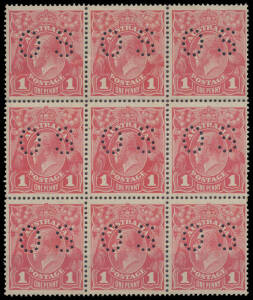 ONE PENNY RED HARRISON PRINTINGS: Plate 4 block of 9 [R43-45/55-57] with Roo's Tongue Out BW #74(4)u, well centred, unmounted, Cat $3500+. [Unit 45, normal on this block, developed as the 'CNE PENNY' variety in 1915 printings & was corrected by cleaning t