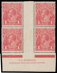 ONE PENNY RED HARRISON PRINTINGS: Plate 4 TS Harrison Two-Line Imprint block of 4 BW #74(4)zj, some gum disturbance, Cat $2000.
