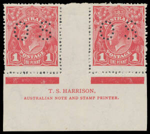 ONE PENNY RED HARRISON PRINTINGS: Plate 4 punctured 'OS' TS Harrison Two-Line Imprint pair BW #74b(4)zj, characteristic rough perfs, mounted in the margins only, Cat $2000 for a block of 4 (or $800+ as singles + premium for the imprint). A rare punctured 