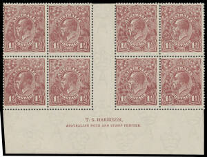 PENNY-HALFPENNY BROWN: Electro 4 TS Harrison Imprint block of 8 (4x2) with Diagonal Scratch above 'T' of 'POSTAGE' [L60] BW #86(4)z, the four central units are unmounted, Cat $575++ (mounted). [The imprint is 7mm below the base of the stamps]
